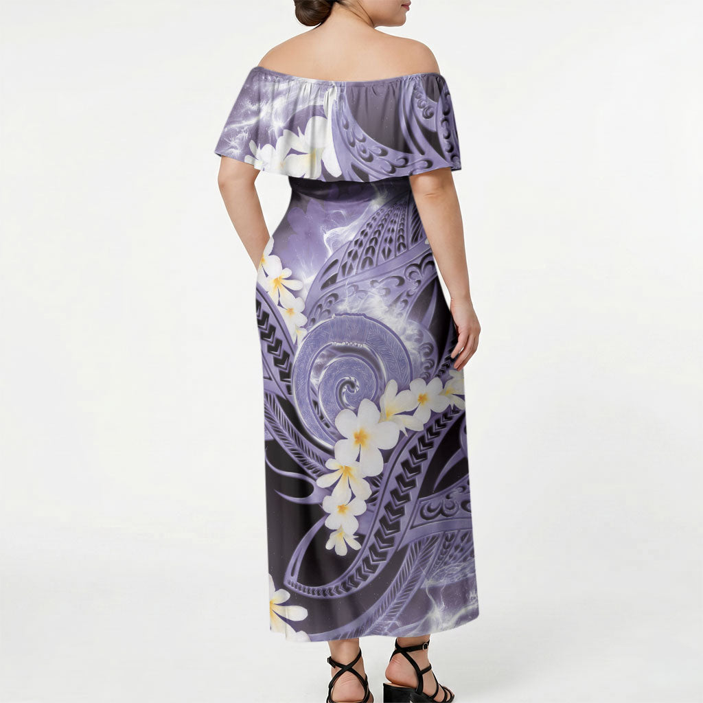 Piko Hawaiian Off Shoulder Maxi Dress Purple Galaxy Spiral Plumeria Tribal Patterns