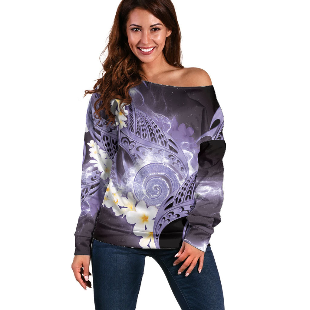 Piko Hawaiian Off Shoulder Sweater Purple Galaxy Spiral Plumeria Tribal Patterns