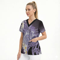Piko Hawaiian Scrub Top Purple Galaxy Spiral Plumeria Tribal Patterns