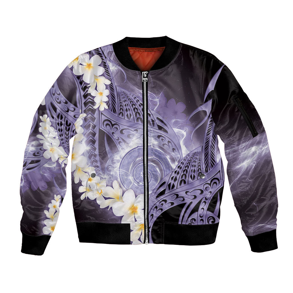 Piko Hawaiian Sleeve Zip Bomber Jacket Purple Galaxy Spiral Plumeria Tribal Patterns