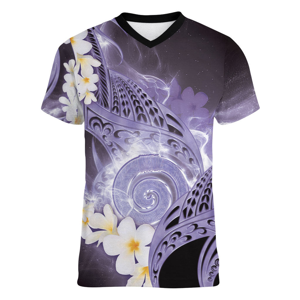 Piko Hawaiian Women V-Neck T-Shirt Purple Galaxy Spiral Plumeria Tribal Patterns