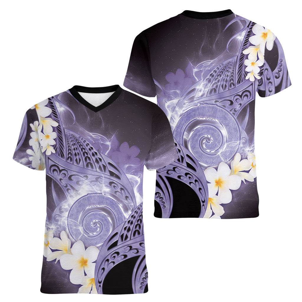 Piko Hawaiian Women V-Neck T-Shirt Purple Galaxy Spiral Plumeria Tribal Patterns