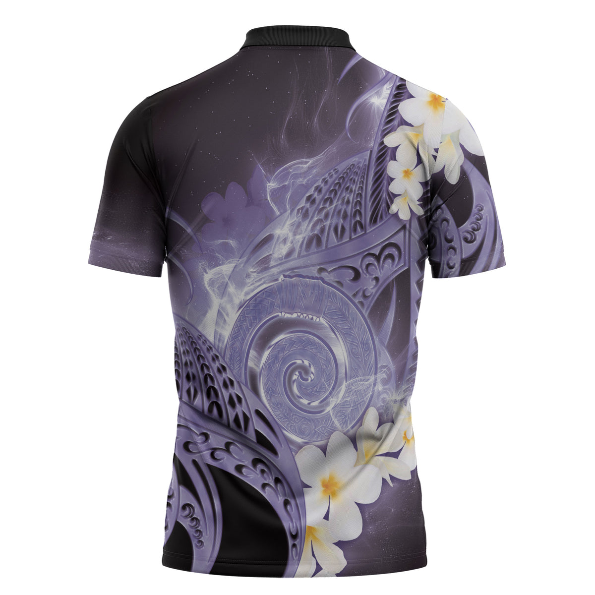 Piko Hawaiian Zipper Polo Shirt Purple Galaxy Spiral Plumeria Tribal Patterns