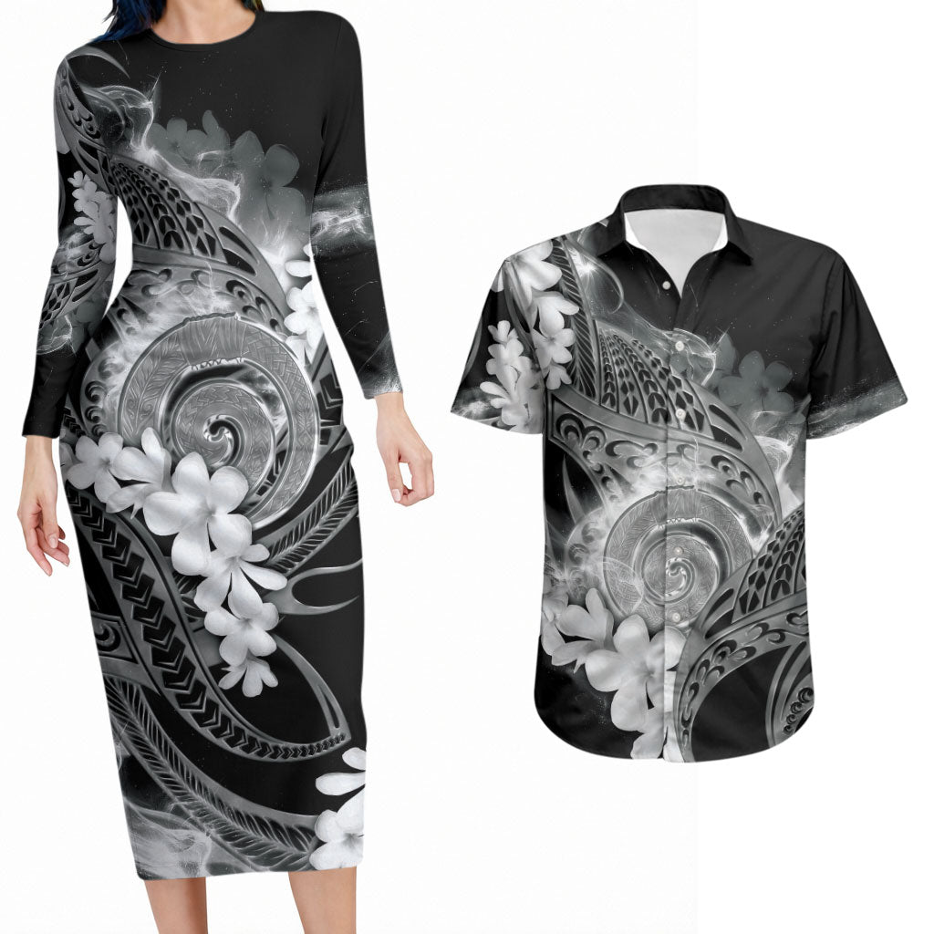 Piko Hawaiian Couples Matching Long Sleeve Bodycon Dress and Hawaiian Shirt Monochrome Galaxy Spiral Plumeria Tribal Patterns