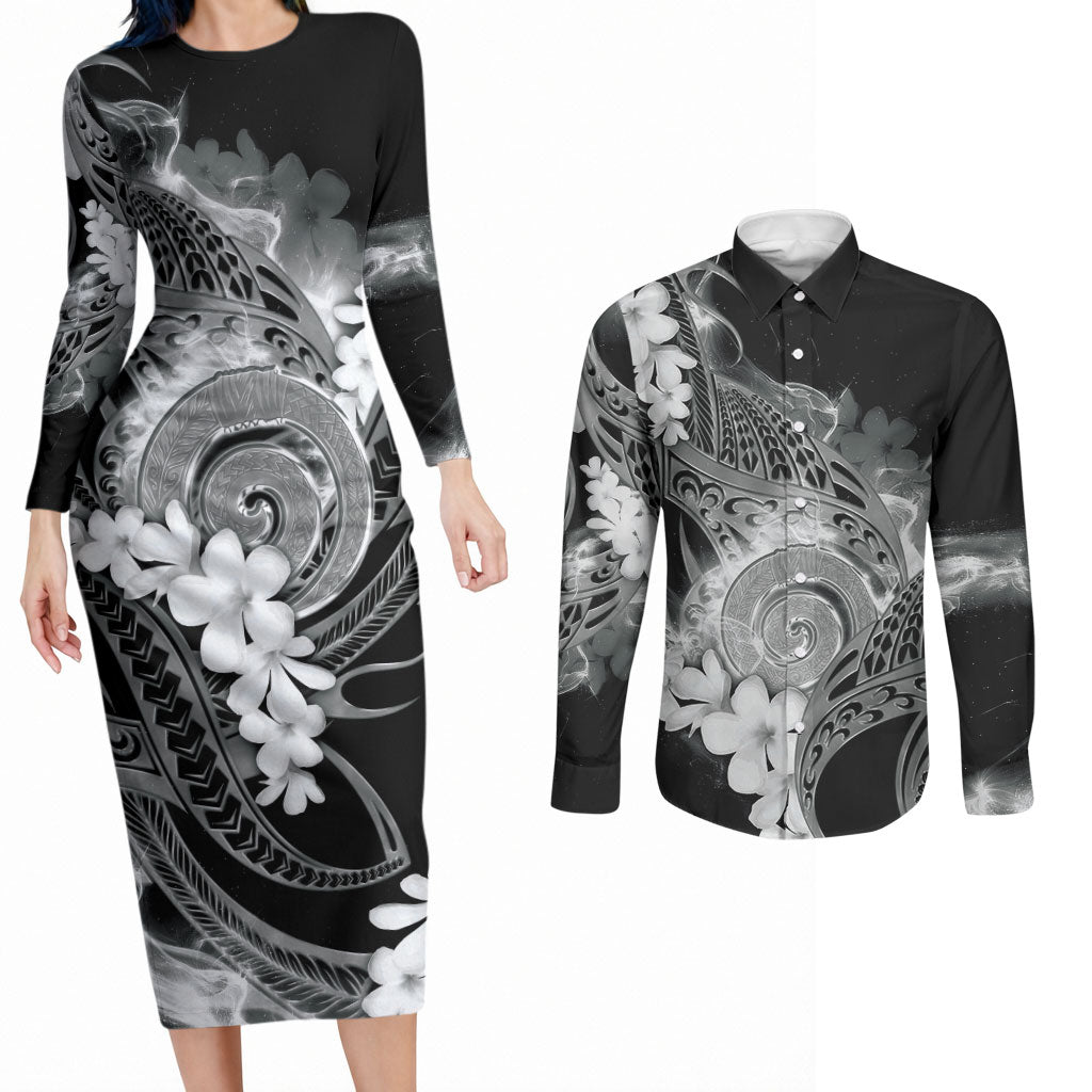 Piko Hawaiian Couples Matching Long Sleeve Bodycon Dress and Long Sleeve Button Shirt Monochrome Galaxy Spiral Plumeria Tribal Patterns