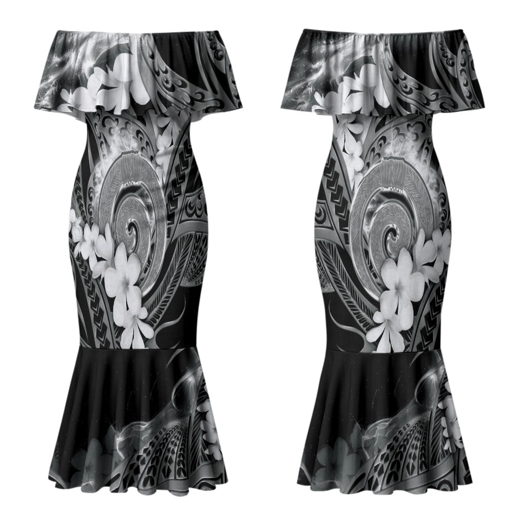 Piko Hawaiian Couples Matching Mermaid Dress and Long Sleeve Button Shirt Monochrome Galaxy Spiral Plumeria Tribal Patterns
