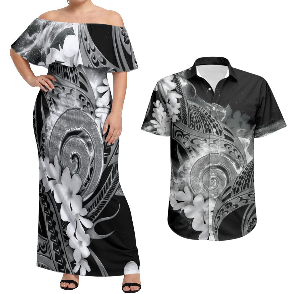 Piko Hawaiian Couples Matching Off Shoulder Maxi Dress and Hawaiian Shirt Monochrome Galaxy Spiral Plumeria Tribal Patterns