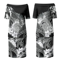 Piko Hawaiian Couples Matching Puletasi and Long Sleeve Button Shirt Monochrome Galaxy Spiral Plumeria Tribal Patterns
