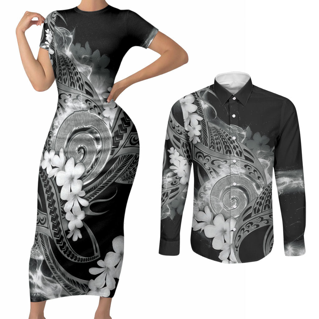 Piko Hawaiian Couples Matching Short Sleeve Bodycon Dress and Long Sleeve Button Shirt Monochrome Galaxy Spiral Plumeria Tribal Patterns