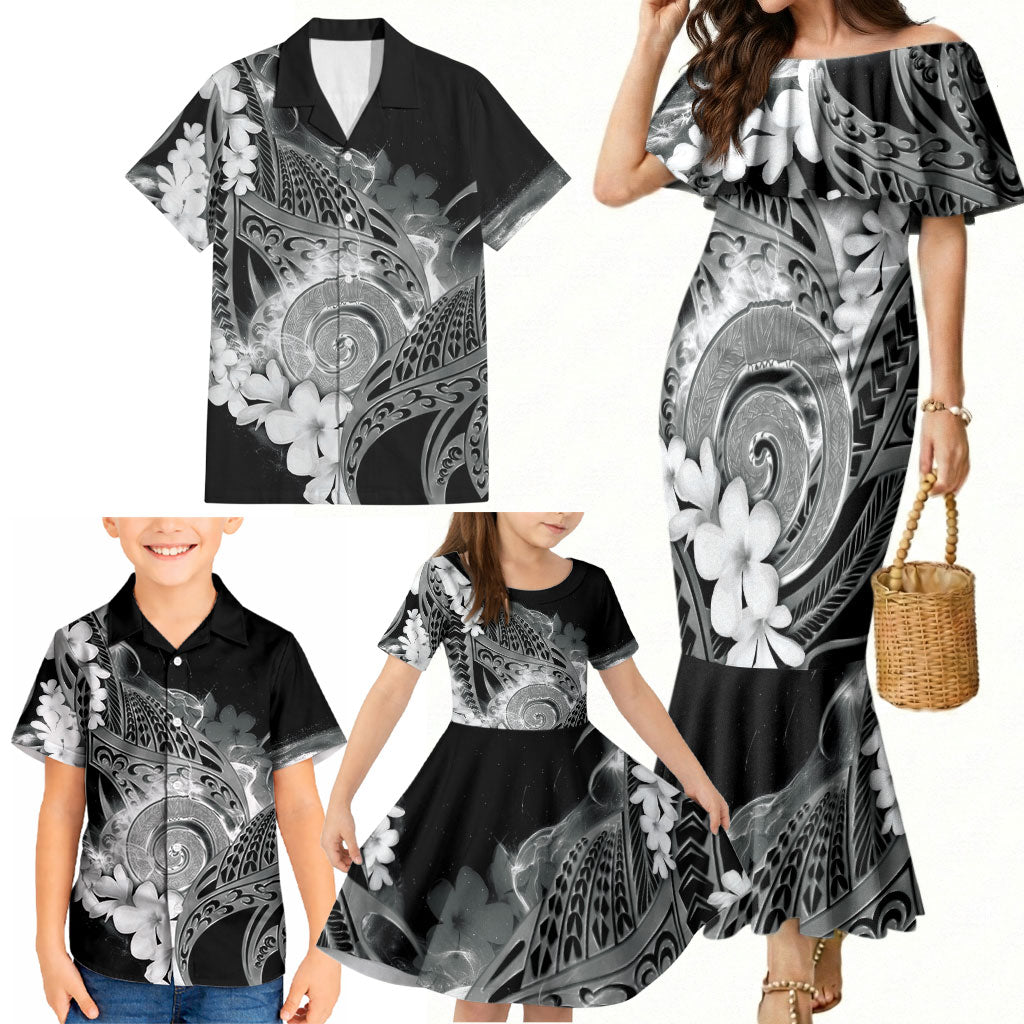 Piko Hawaiian Family Matching Mermaid Dress and Hawaiian Shirt Monochrome Galaxy Spiral Plumeria Tribal Patterns
