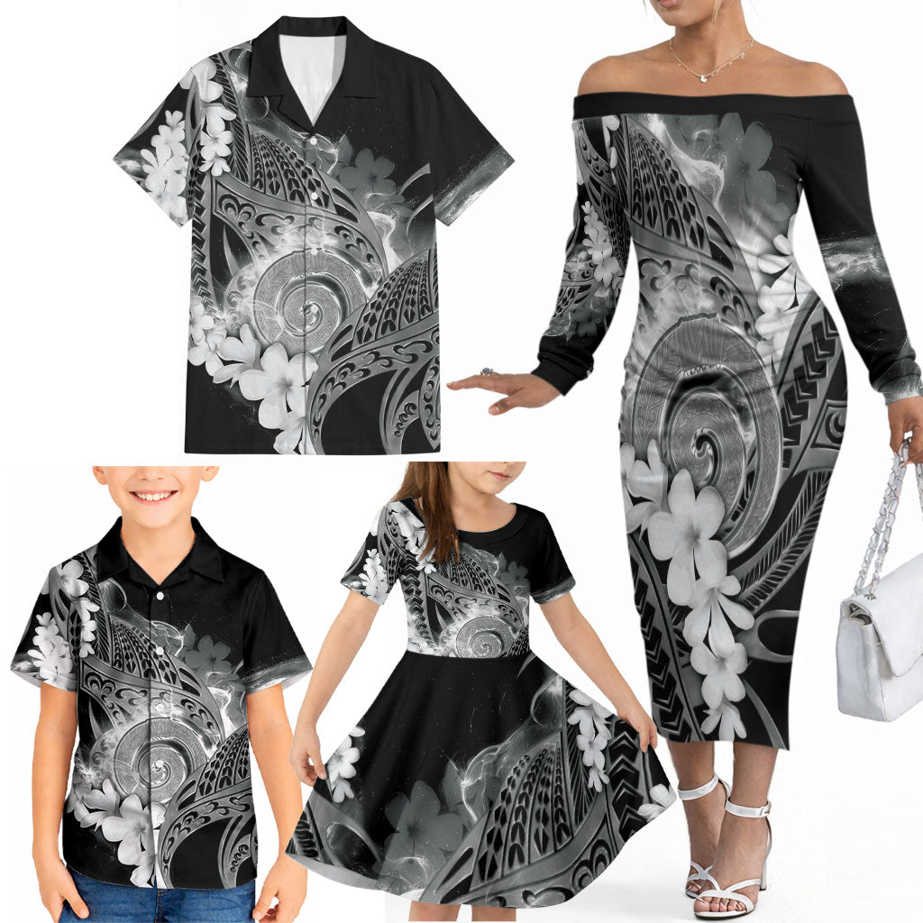 Piko Hawaiian Family Matching Off The Shoulder Long Sleeve Dress and Hawaiian Shirt Monochrome Galaxy Spiral Plumeria Tribal Patterns