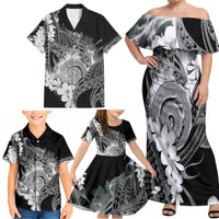Piko Hawaiian Family Matching Off Shoulder Maxi Dress and Hawaiian Shirt Monochrome Galaxy Spiral Plumeria Tribal Patterns