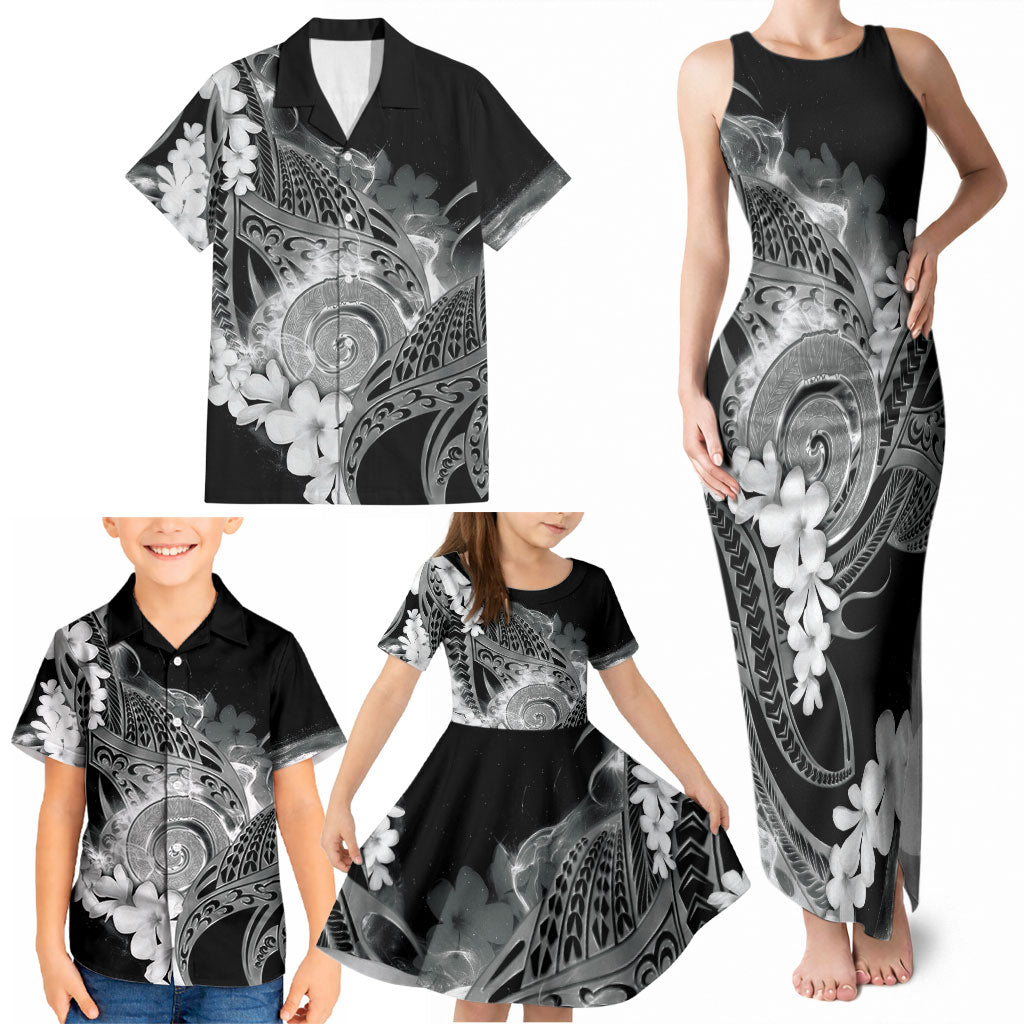 Piko Hawaiian Family Matching Tank Maxi Dress and Hawaiian Shirt Monochrome Galaxy Spiral Plumeria Tribal Patterns