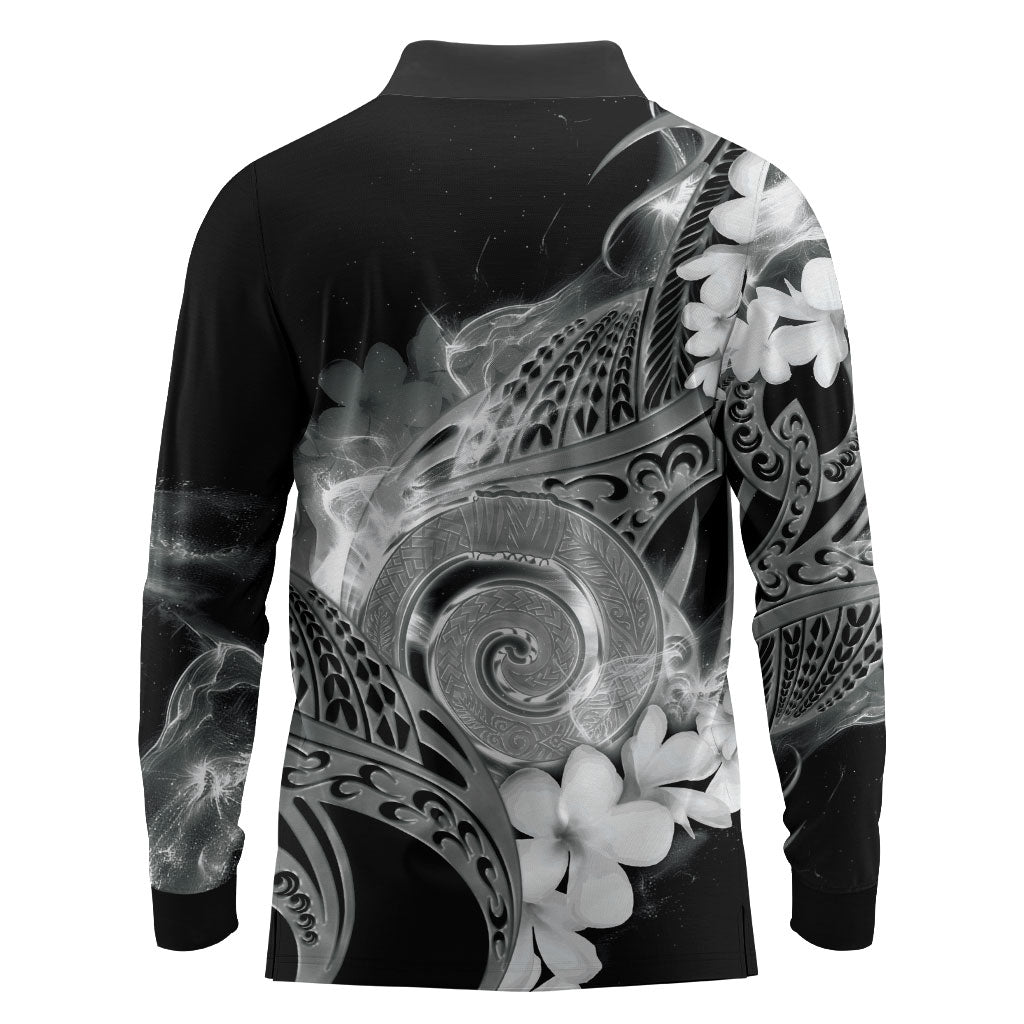 Piko Hawaiian Long Sleeve Polo Shirt Monochrome Galaxy Spiral Plumeria Tribal Patterns
