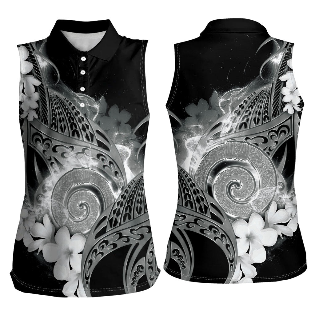 Piko Hawaiian Women Sleeveless Polo Shirt Monochrome Galaxy Spiral Plumeria Tribal Patterns