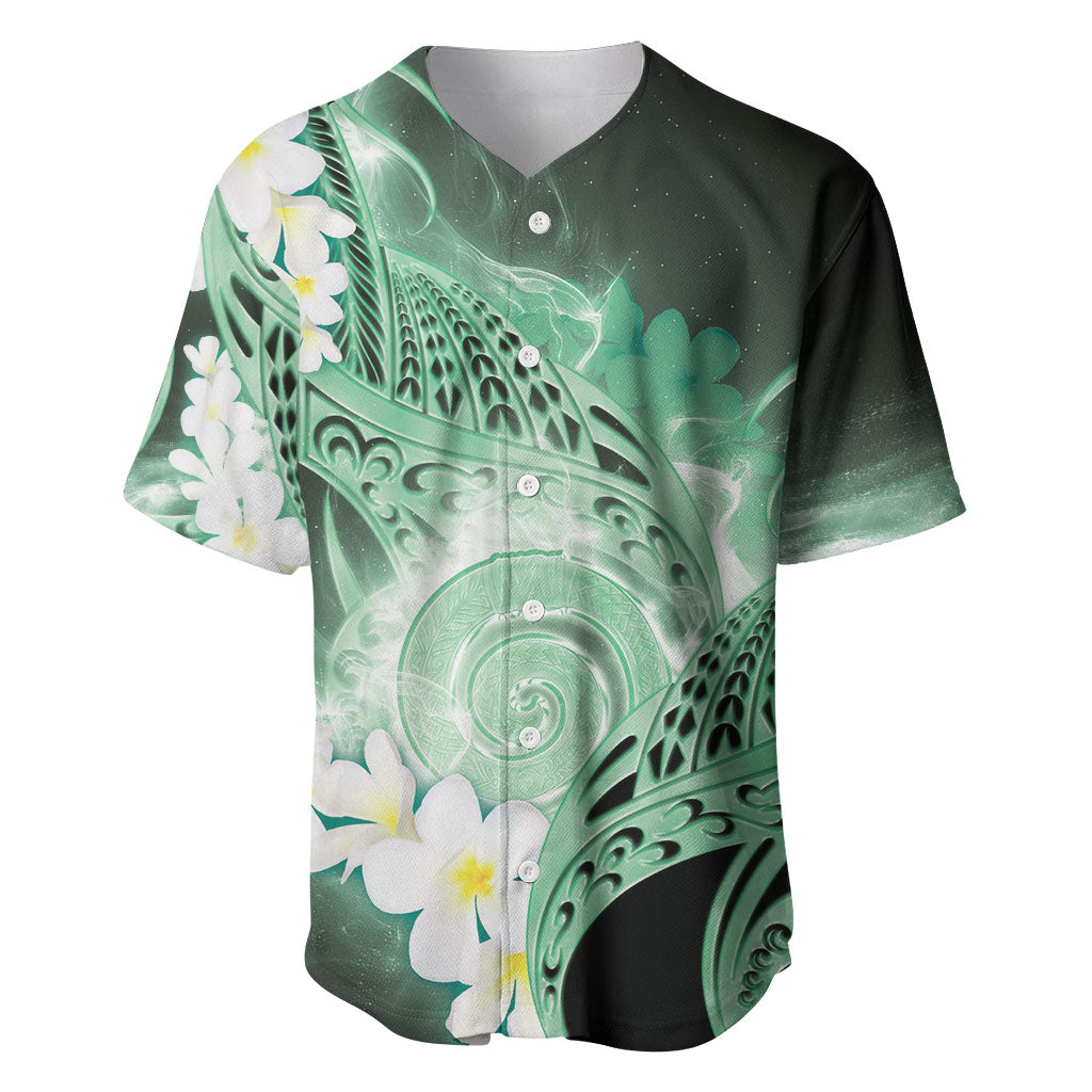 Piko Hawaiian Baseball Jersey Green Galaxy Spiral Plumeria Tribal Patterns
