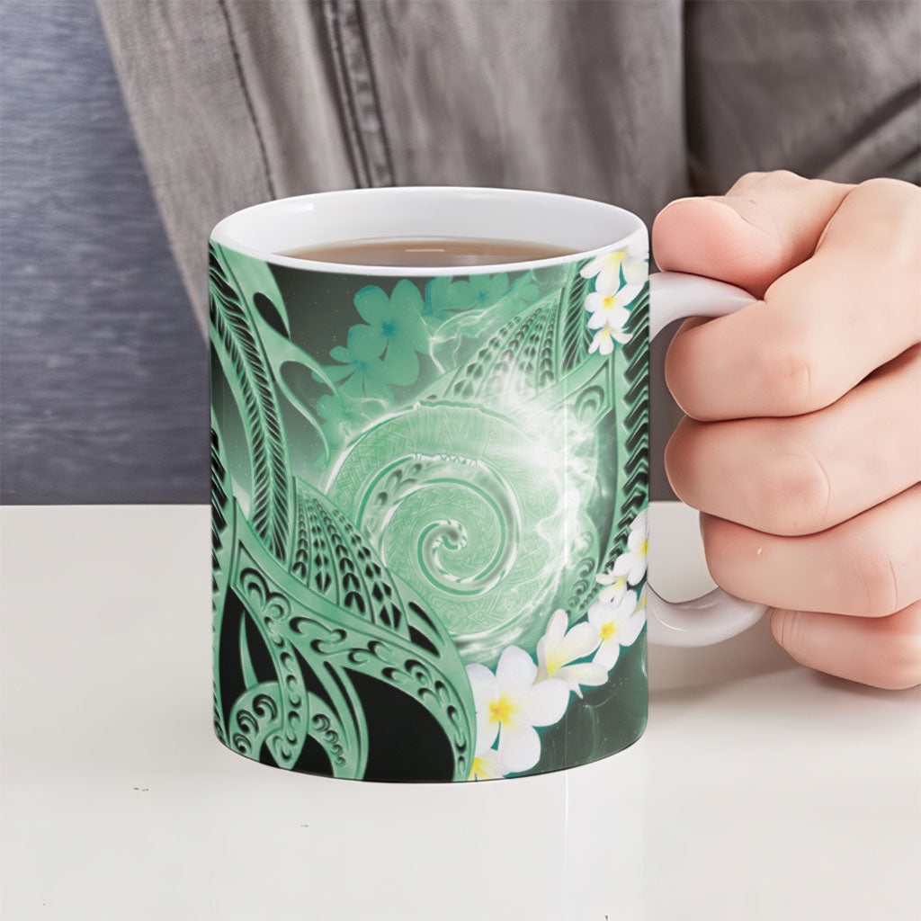Piko Hawaiian Ceramic Mug Green Galaxy Spiral Plumeria Tribal Patterns