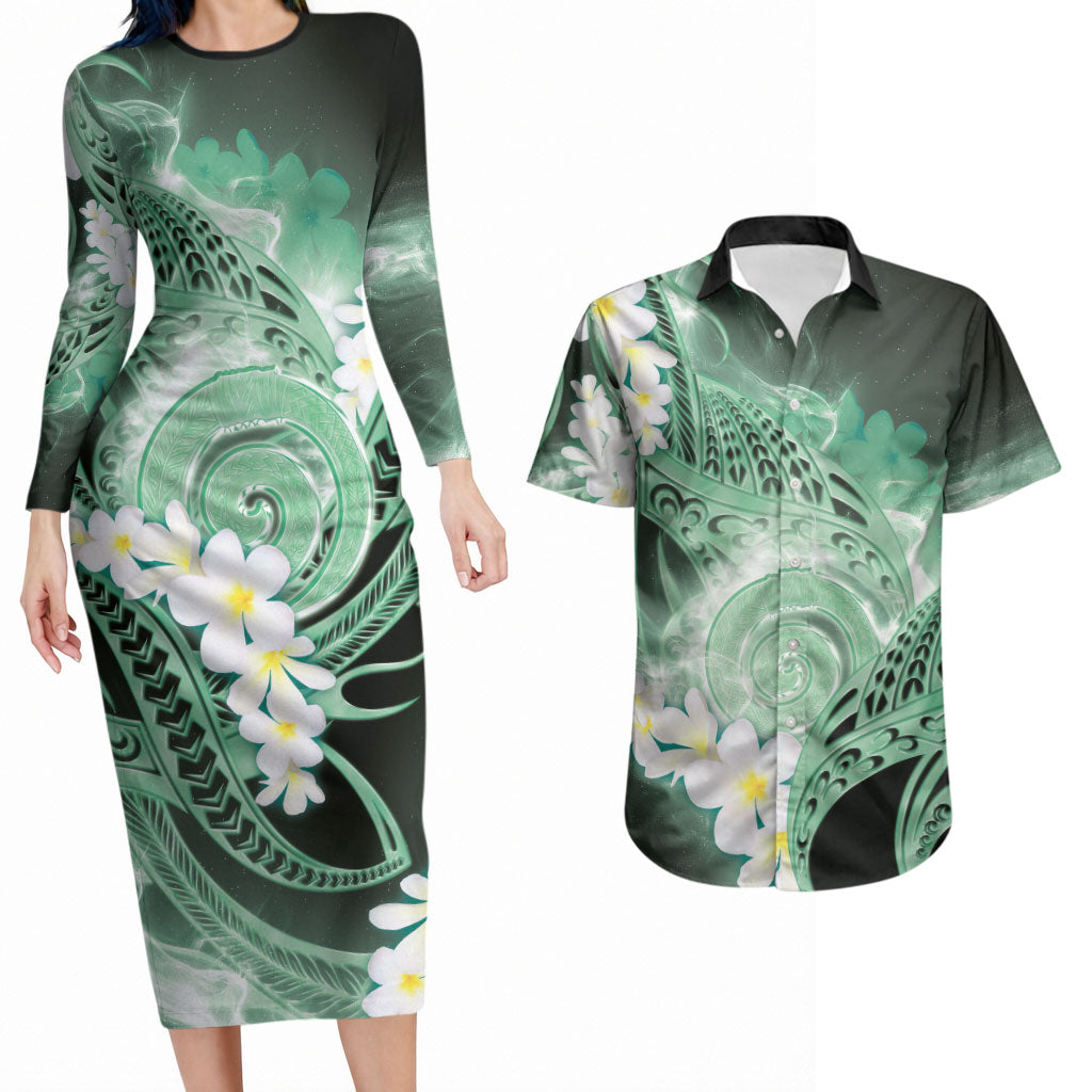 Piko Hawaiian Couples Matching Long Sleeve Bodycon Dress and Hawaiian Shirt Green Galaxy Spiral Plumeria Tribal Patterns