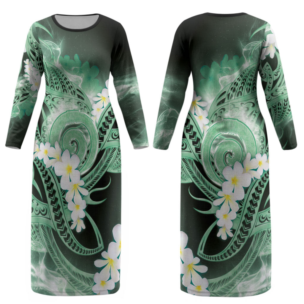 Piko Hawaiian Couples Matching Long Sleeve Bodycon Dress and Hawaiian Shirt Green Galaxy Spiral Plumeria Tribal Patterns