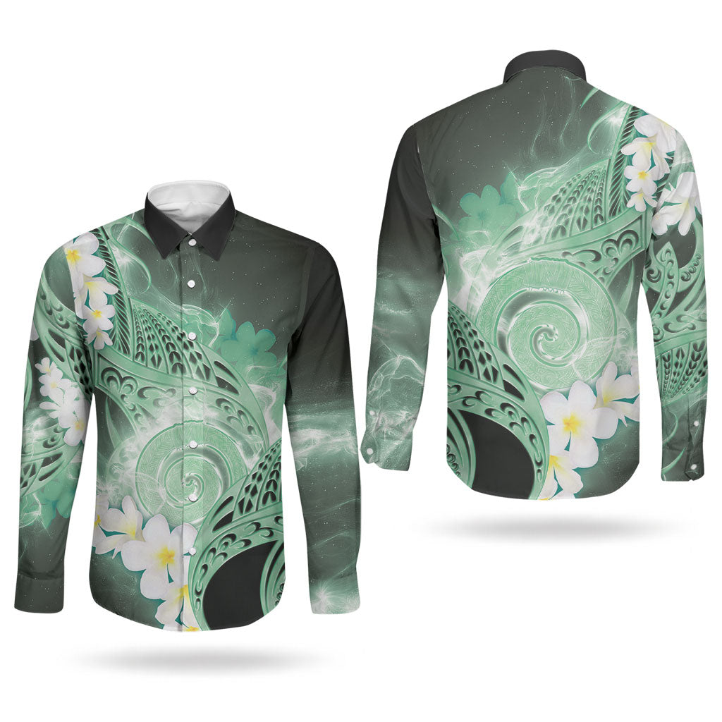Piko Hawaiian Couples Matching Off Shoulder Maxi Dress and Long Sleeve Button Shirt Green Galaxy Spiral Plumeria Tribal Patterns
