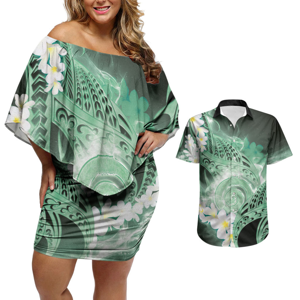 Piko Hawaiian Couples Matching Off Shoulder Short Dress and Hawaiian Shirt Green Galaxy Spiral Plumeria Tribal Patterns