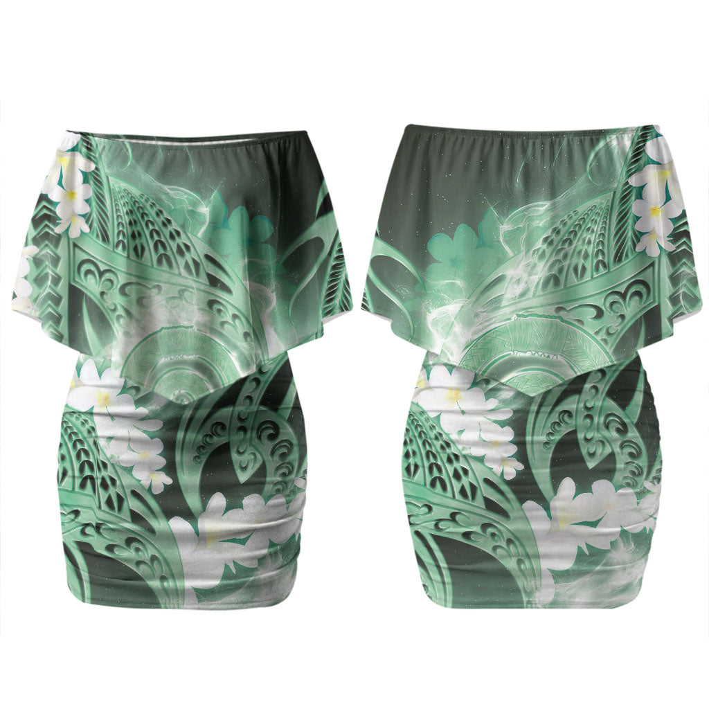 Piko Hawaiian Couples Matching Off Shoulder Short Dress and Hawaiian Shirt Green Galaxy Spiral Plumeria Tribal Patterns