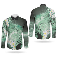 Piko Hawaiian Couples Matching Off Shoulder Short Dress and Long Sleeve Button Shirt Green Galaxy Spiral Plumeria Tribal Patterns