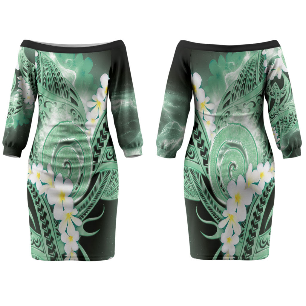 Piko Hawaiian Couples Matching Off The Shoulder Long Sleeve Dress and Hawaiian Shirt Green Galaxy Spiral Plumeria Tribal Patterns