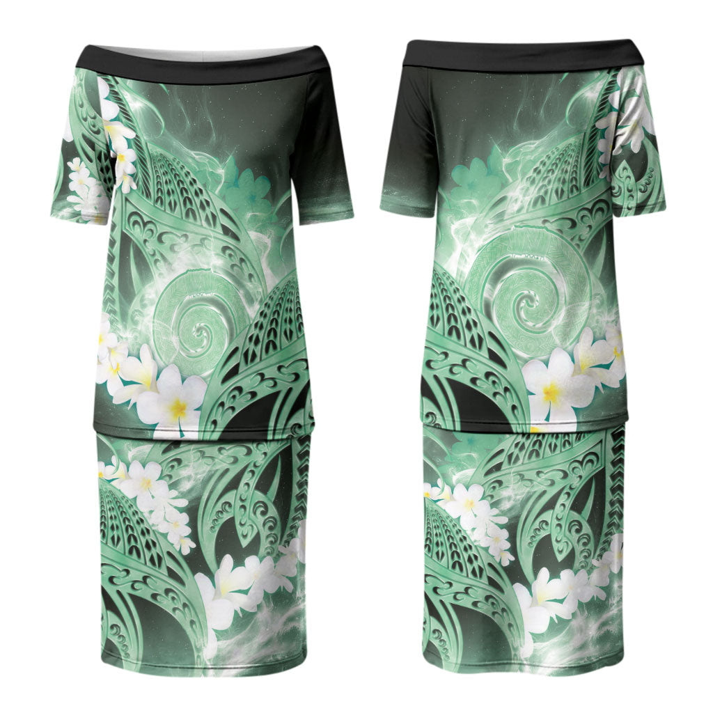 Piko Hawaiian Couples Matching Puletasi and Hawaiian Shirt Green Galaxy Spiral Plumeria Tribal Patterns