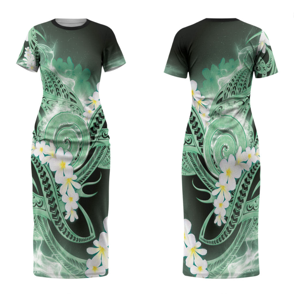 Piko Hawaiian Couples Matching Short Sleeve Bodycon Dress and Long Sleeve Button Shirt Green Galaxy Spiral Plumeria Tribal Patterns