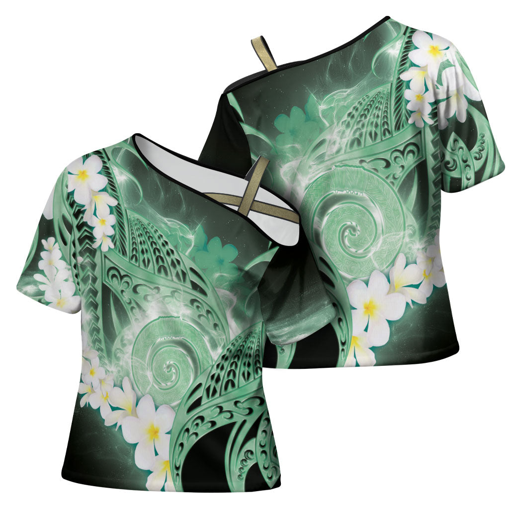 Piko Hawaiian Cross Shoulder Shirt Green Galaxy Spiral Plumeria Tribal Patterns