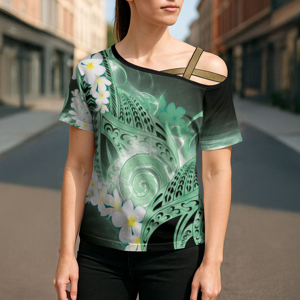 Piko Hawaiian Cross Shoulder Shirt Green Galaxy Spiral Plumeria Tribal Patterns