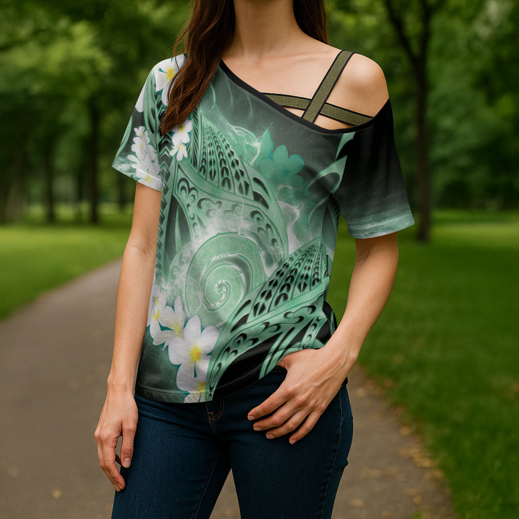 Piko Hawaiian Cross Shoulder Shirt Green Galaxy Spiral Plumeria Tribal Patterns