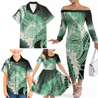 Piko Hawaiian Family Matching Off The Shoulder Long Sleeve Dress and Hawaiian Shirt Green Galaxy Spiral Plumeria Tribal Patterns