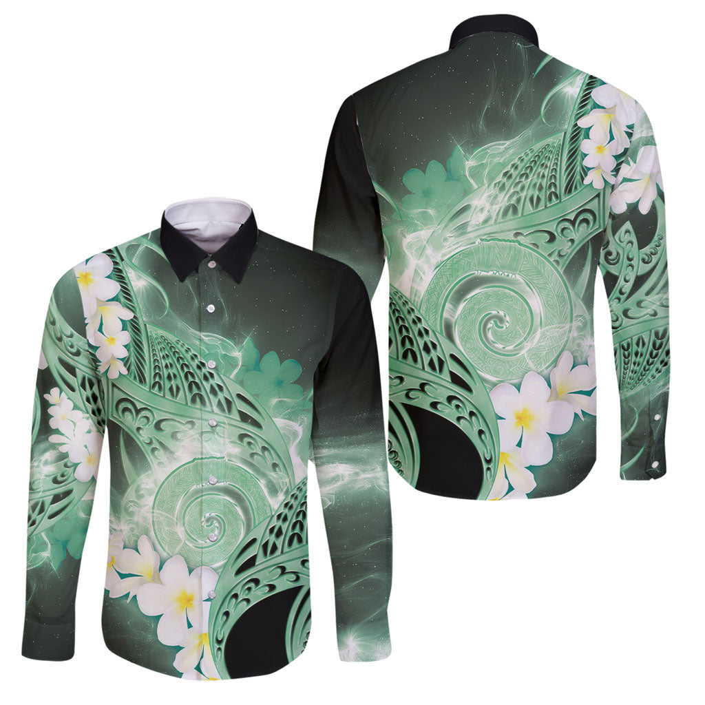 Piko Hawaiian Family Matching Off The Shoulder Long Sleeve Dress and Hawaiian Shirt Green Galaxy Spiral Plumeria Tribal Patterns