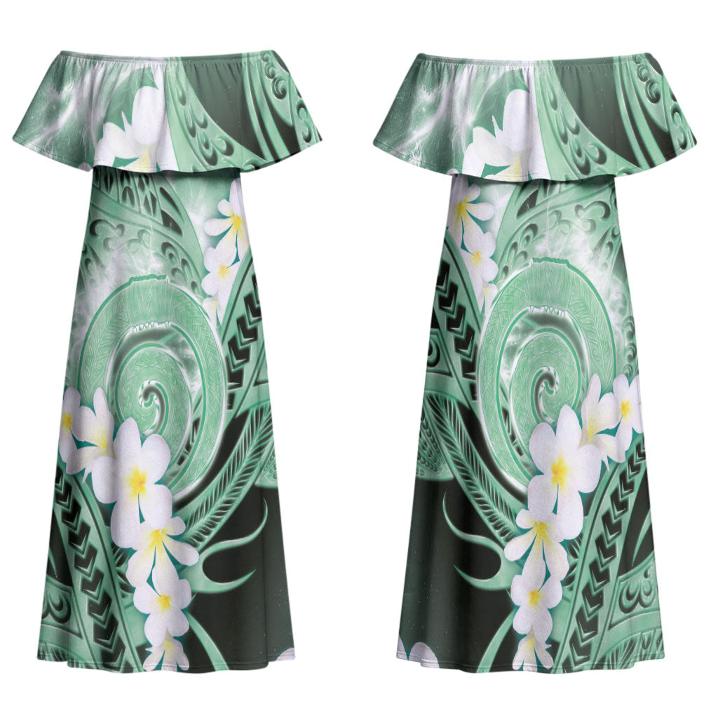 Piko Hawaiian Family Matching Off Shoulder Maxi Dress and Hawaiian Shirt Green Galaxy Spiral Plumeria Tribal Patterns