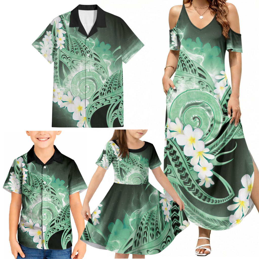 Piko Hawaiian Family Matching Summer Maxi Dress and Hawaiian Shirt Green Galaxy Spiral Plumeria Tribal Patterns DT05 - Polynesian Pride