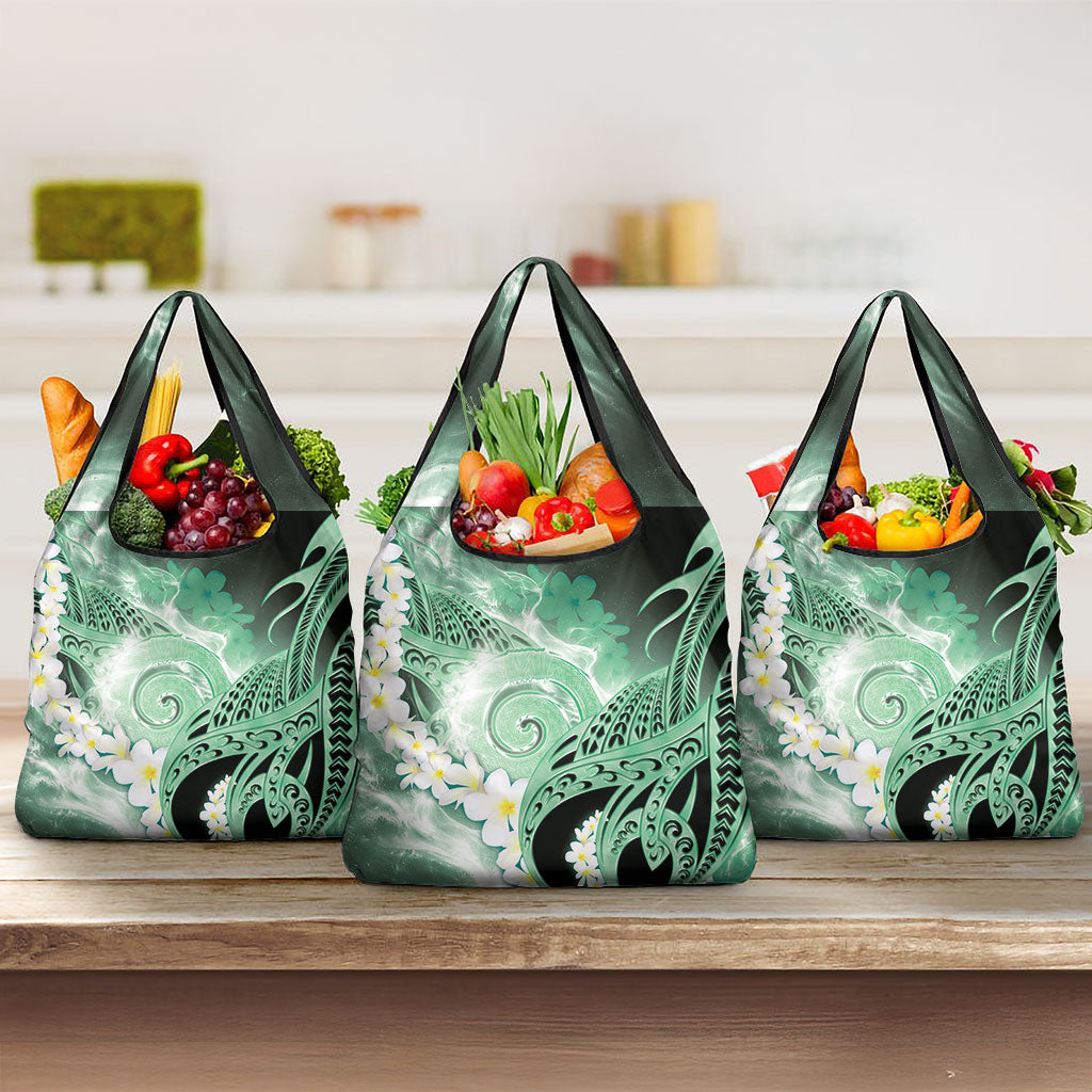 Piko Hawaiian Grocery Bag Green Galaxy Spiral Plumeria Tribal Patterns