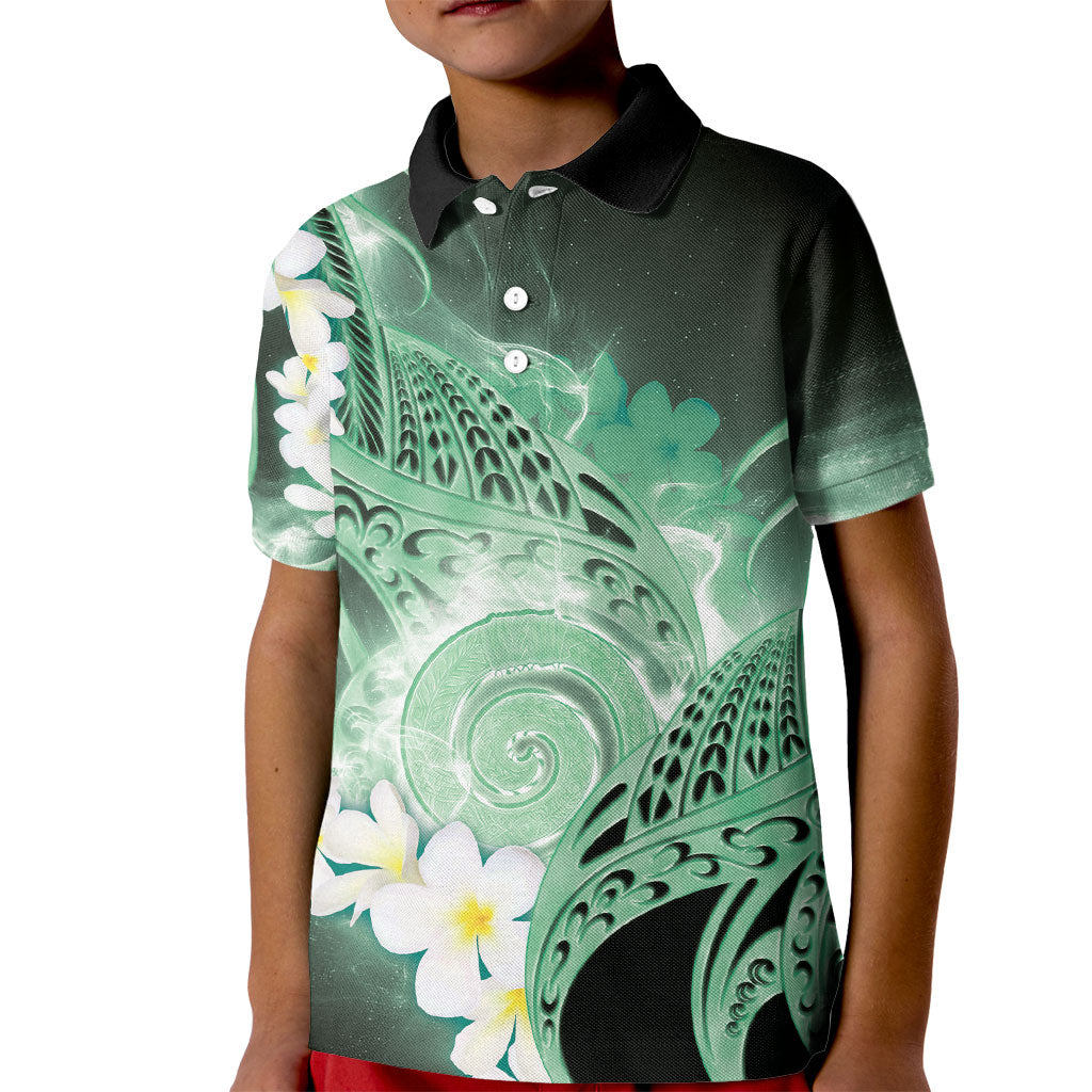 Piko Hawaiian Kid Polo Shirt Green Galaxy Spiral Plumeria Tribal Patterns