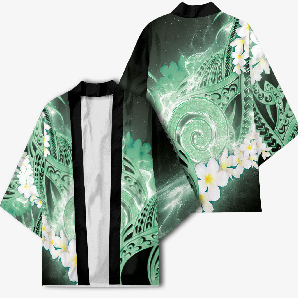 Piko Hawaiian Kimono Green Galaxy Spiral Plumeria Tribal Patterns