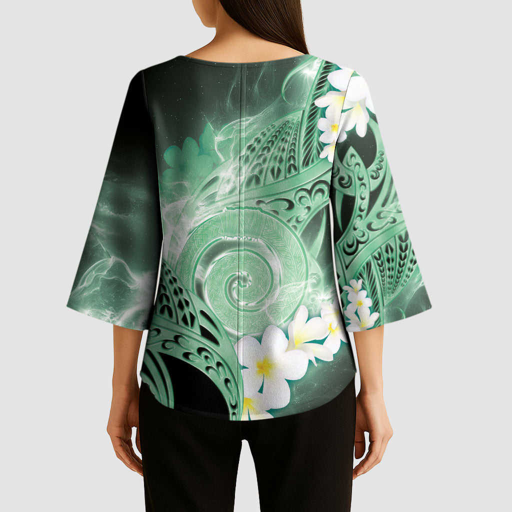Piko Hawaiian Kimono Sleeve Blouse Green Galaxy Spiral Plumeria Tribal Patterns