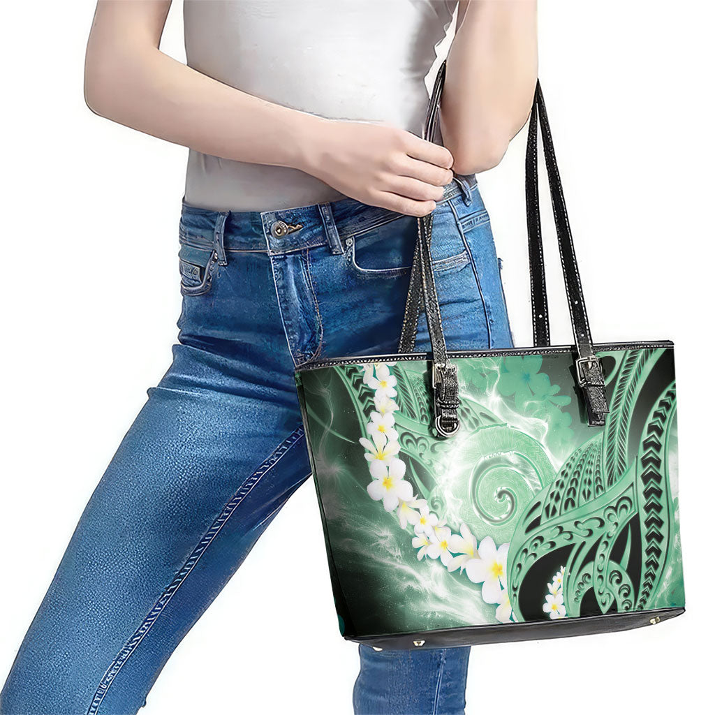 Piko Hawaiian Leather Tote Bag Green Galaxy Spiral Plumeria Tribal Patterns
