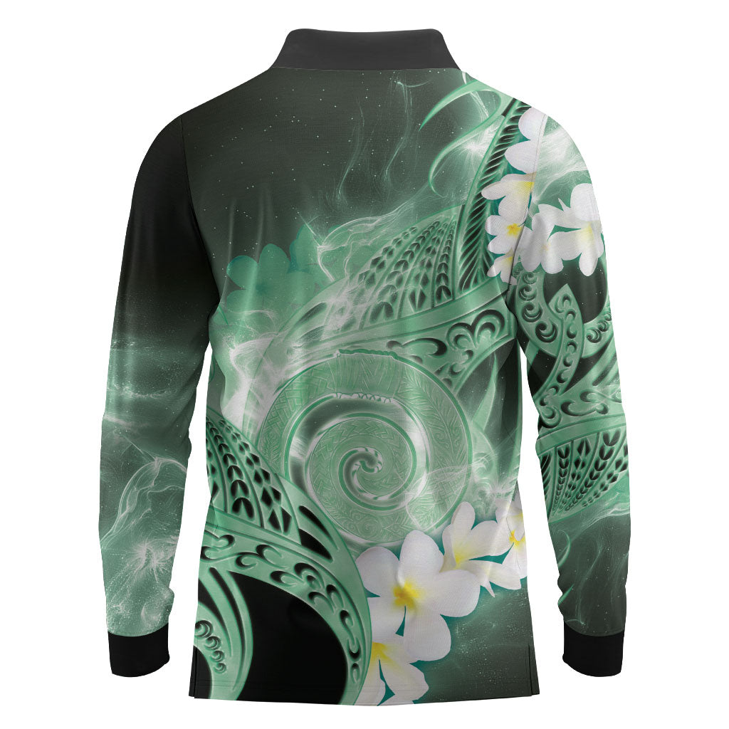 Piko Hawaiian Long Sleeve Polo Shirt Green Galaxy Spiral Plumeria Tribal Patterns