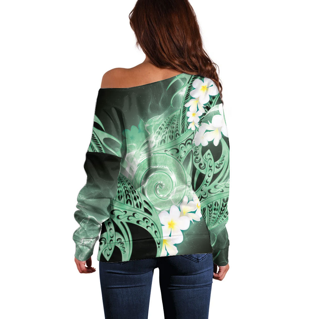 Piko Hawaiian Off Shoulder Sweater Green Galaxy Spiral Plumeria Tribal Patterns