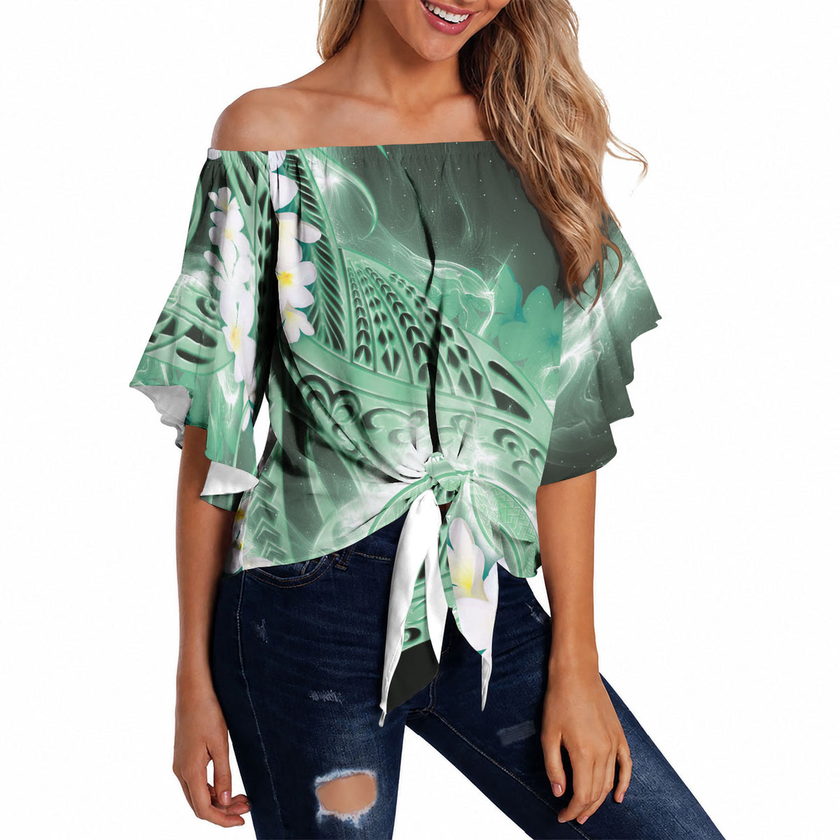 Piko Hawaiian Off Shoulder Wrap Waist Top Green Galaxy Spiral Plumeria Tribal Patterns DT05 - Polynesian Pride
