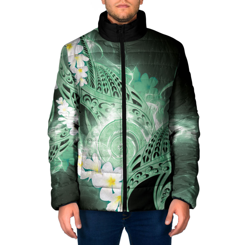 Piko Hawaiian Padded Jacket Green Galaxy Spiral Plumeria Tribal Patterns