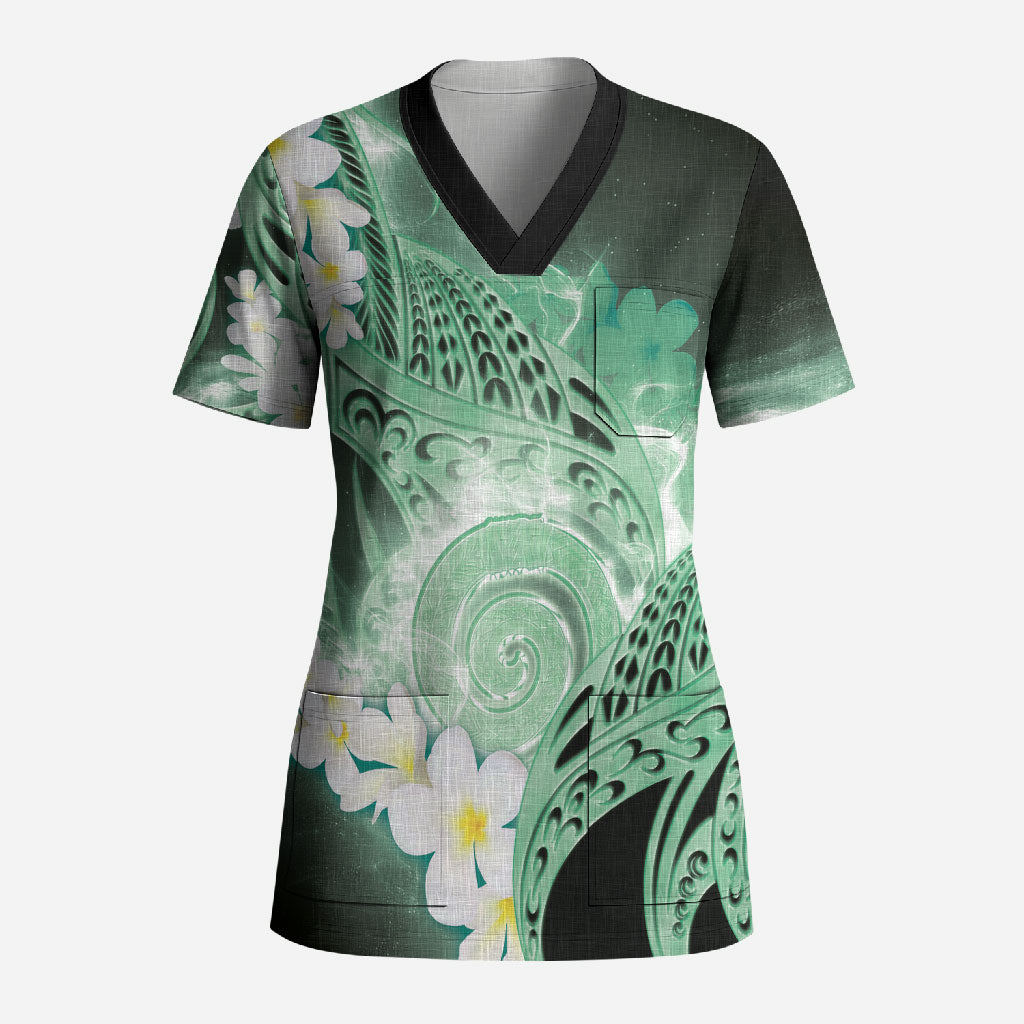 Piko Hawaiian Scrub Top Green Galaxy Spiral Plumeria Tribal Patterns DT05 Adult Green - Polynesian Pride