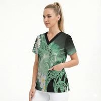 Piko Hawaiian Scrub Top Green Galaxy Spiral Plumeria Tribal Patterns