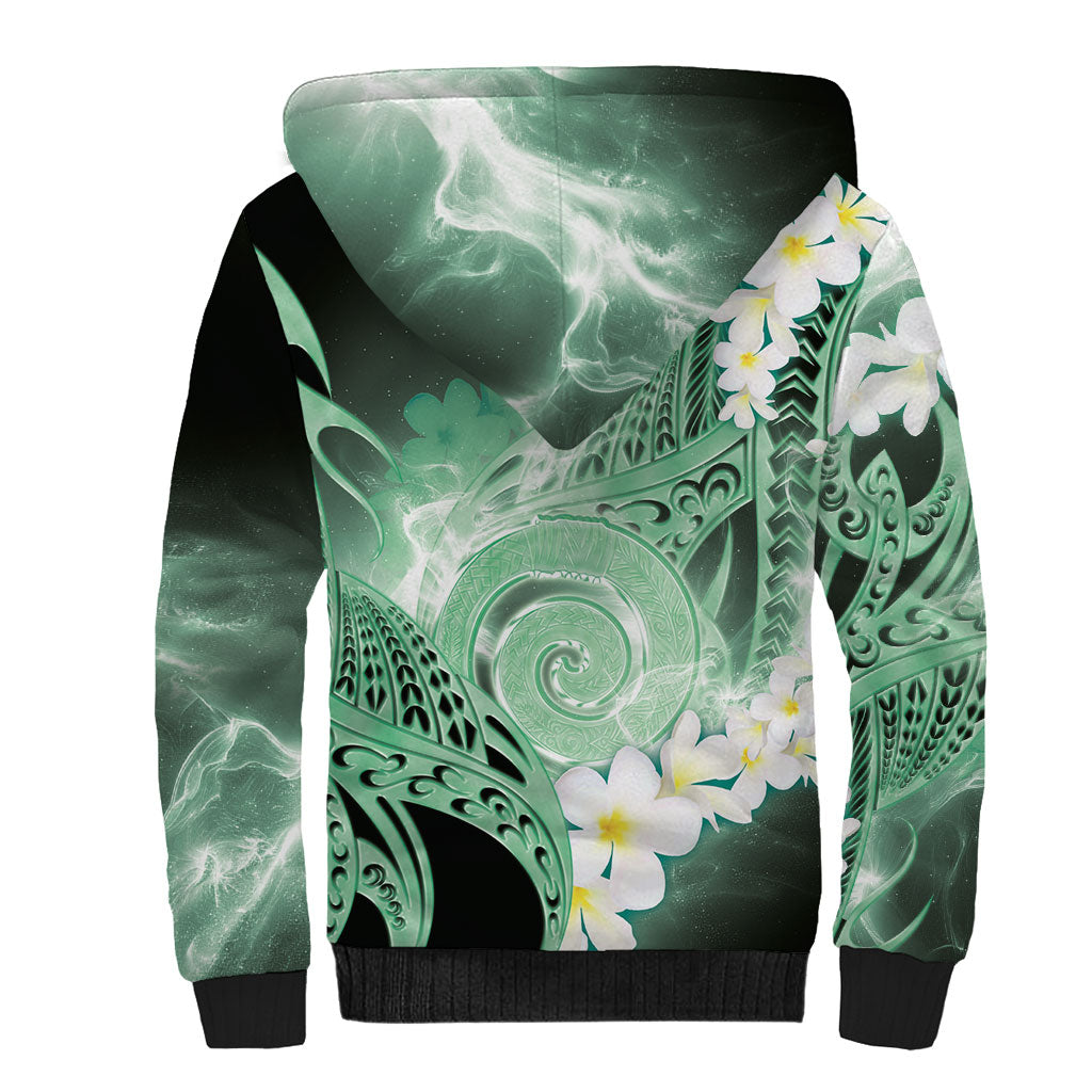 Piko Hawaiian Sherpa Hoodie Green Galaxy Spiral Plumeria Tribal Patterns