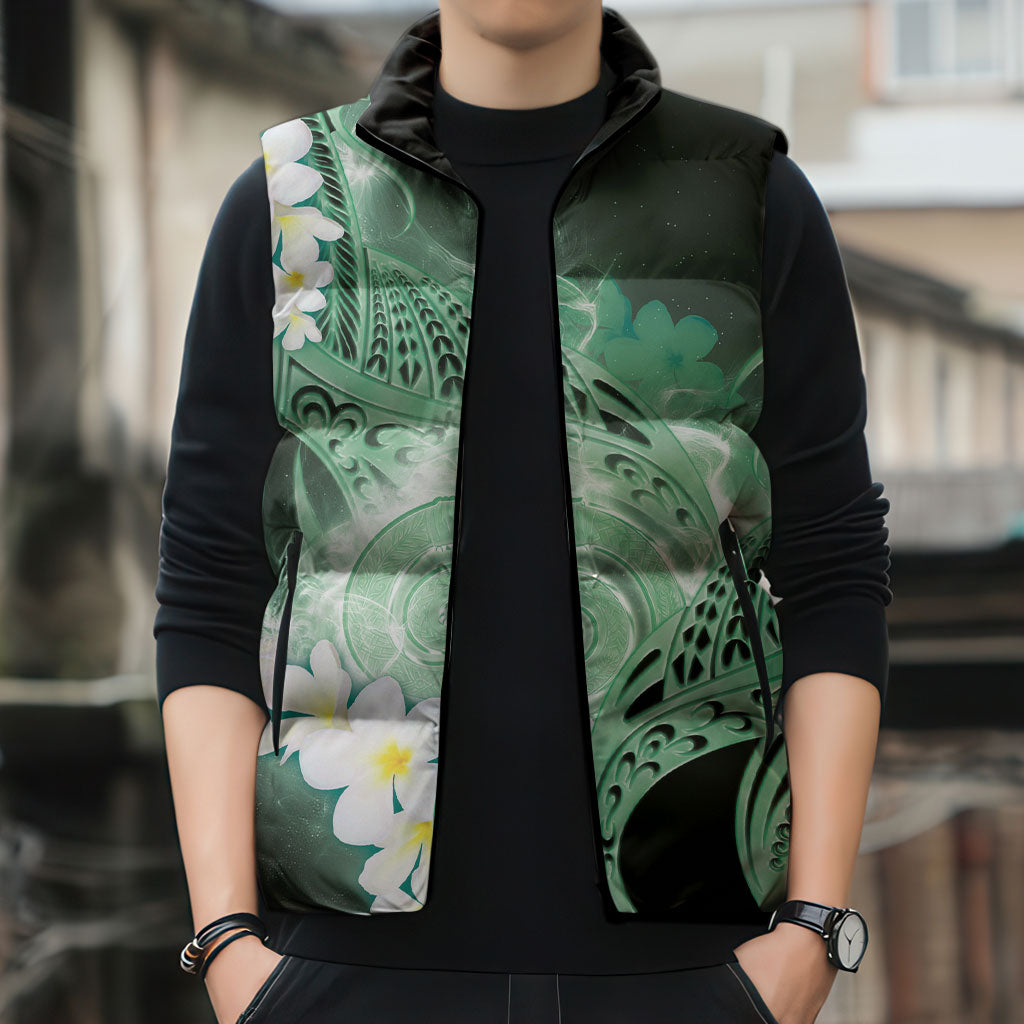 Piko Hawaiian Sleeveless Puffer Jacket Green Galaxy Spiral Plumeria Tribal Patterns